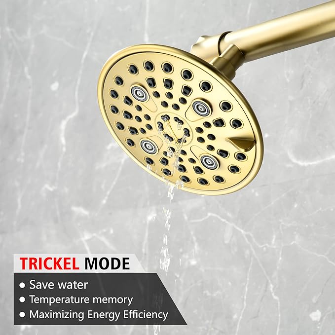 sumerain 2-in-1 Dual Shower Heads with Shut-off Valve for Two People,High Pressure 6 Function Sprayer and 20" Long Shower Arm,Brushed Gold