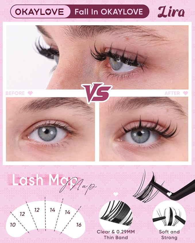 OKAYLOVE Manga Lash Clusters with Spikes, LIRA 8-18mm DIY Cluster Eyelash Extensions Kit, 140pcs CC Curl Clear Band Individual Lashes with Lash Bond and Seal, Remover, Lash Tweezers