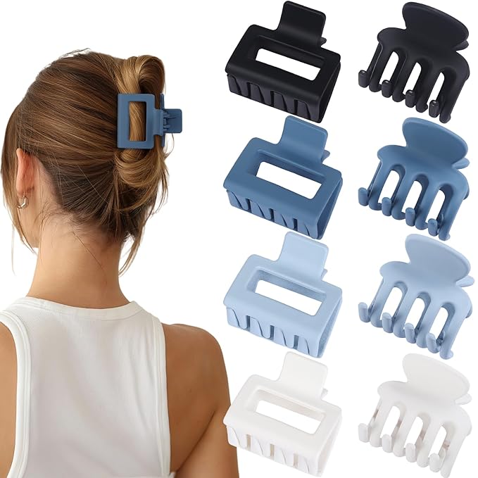 Medium Hair Clips Combination 2 Styles Small Claw Clips for Thin Hair 8 Pcs Matte Non-slip Rectangle Jaw Clips Square Hair Accessories for Women and Girls (Blue)