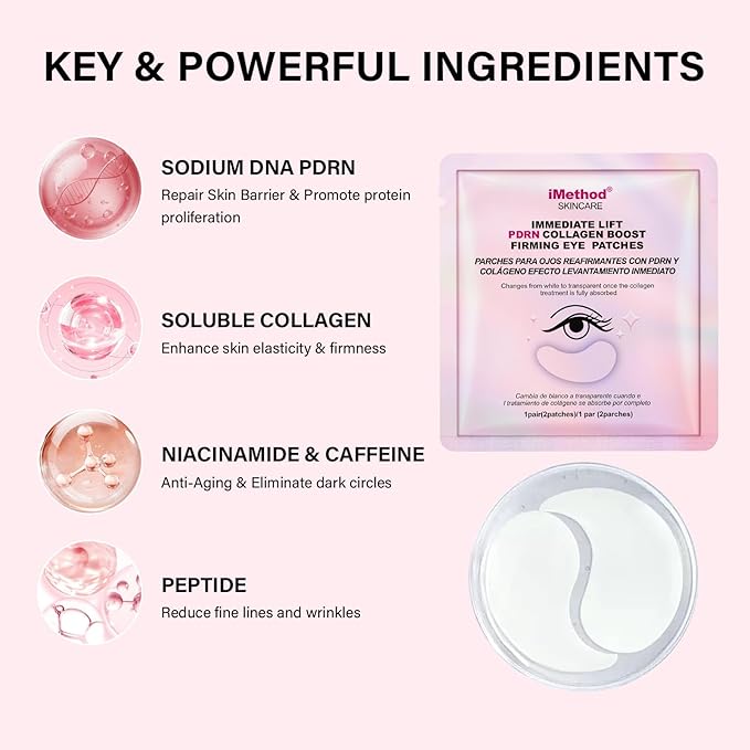 iMethod PDRN Collagen Boost Eye Patches - Under Eye Mask, Instant Lift Eye Mask for Reduce Fine Lines & Wrinkles, Firming Under Eye Patches for Dark Circles, Puffy Eyes, Eye Bags, 8 Pairs