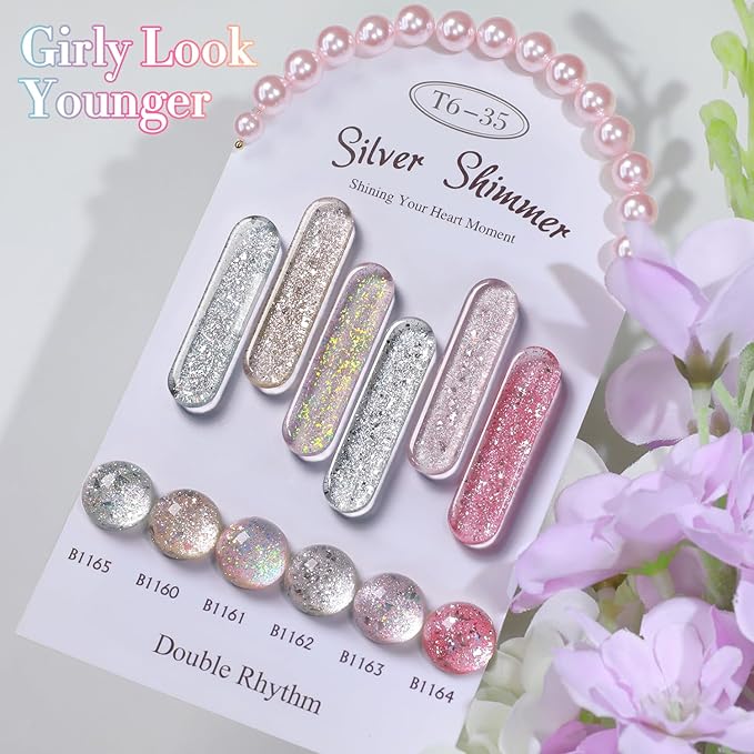 Double Rhythm 0.5Oz Glitter Gel Polish Shimmer Reflective Color for Nail Art Salon DIY Soak Off 15ml Nail Lamp Gel Polish at Home (Rainbow Silver-B1165)