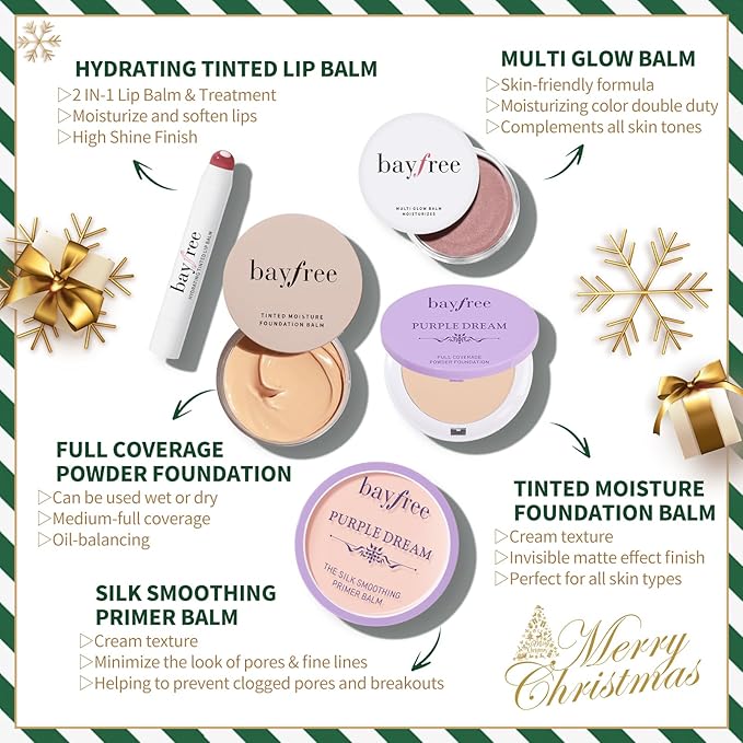 bayfree Original Kit Gifts Set For Women, 5 PCS Natural Finish Travel Makeup Kit for Adult Women & Beginners, Korean Make Up Set Foundation Face Primer Lipstick Powder Multi Glow Balm with Makeup Bag