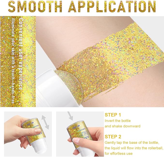 Roll-on Holographic Body Glitter Gel for Face and Hair, Chameleon Color Changing Glitter Gel Under Light, Chunky Mermaid Sequins Shimmer Makeup for Halloween Party Rave Accessories (Gold)