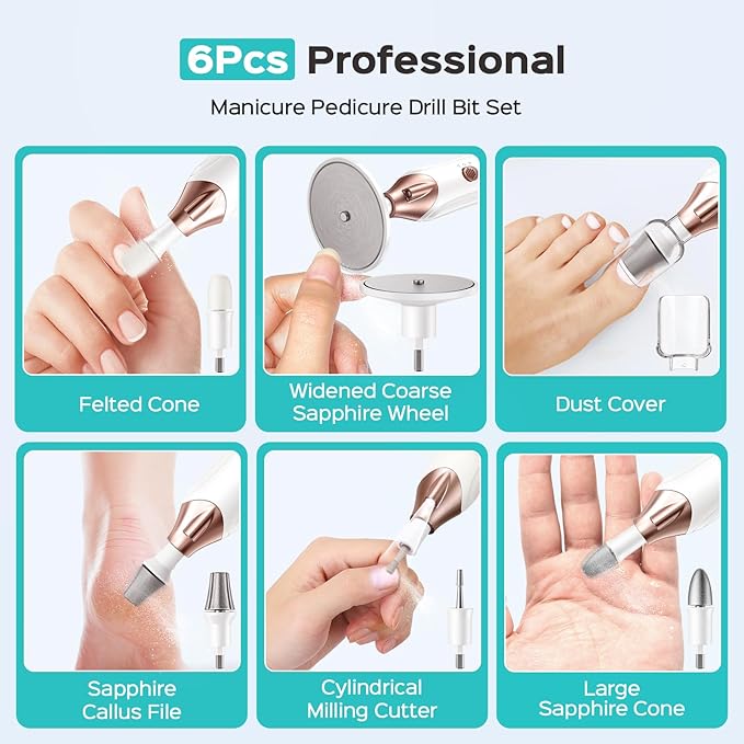 COSLUS Professional Manicure Pedicure Kit, 5-in-1 Electric Nail File for Toenail Hand Feet Care - Wider Grinder for Thick Nails, Cordless, 5 Speed, for Men Women Seniors Home Salon, White, C43(END10)