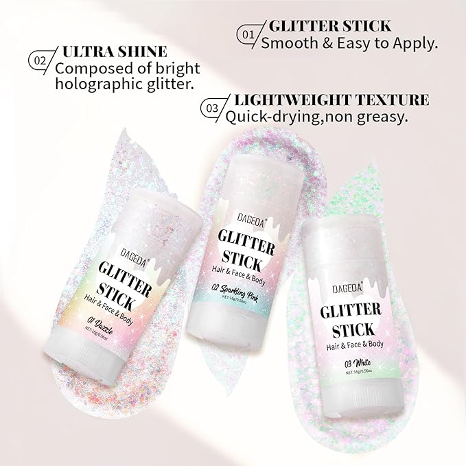 DAGEDA Sparkling Pink Body Glitter Stick,Sparkly Face Glitter Makeup,Holographic Hair Glitters Mermaid Makeup Rave Outfits for Women, Shimmer Face Paint Stick Singer Concert Accessories