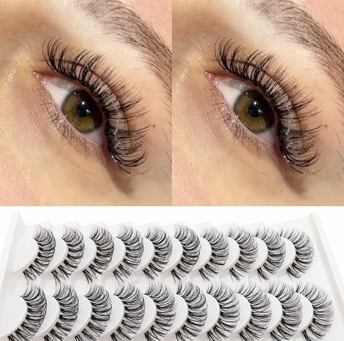 Veleasha Russian Strip Lashes with Clear Band Looks Like Eyelash Extensions D Curl Lash Strips 10 Pairs Pack (DT09)