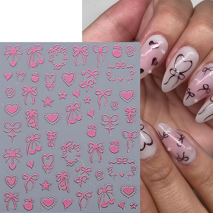 6 Sheets Heart Bow Tie Nail Art Stickers Decals 3D Self-Adhesive Bow Cherry Pegatinas Uñas Gold Pink Laser Hollow Heart Nail Supplies Y2K Star Heart Nail Art Design Decoration Accessories for Women