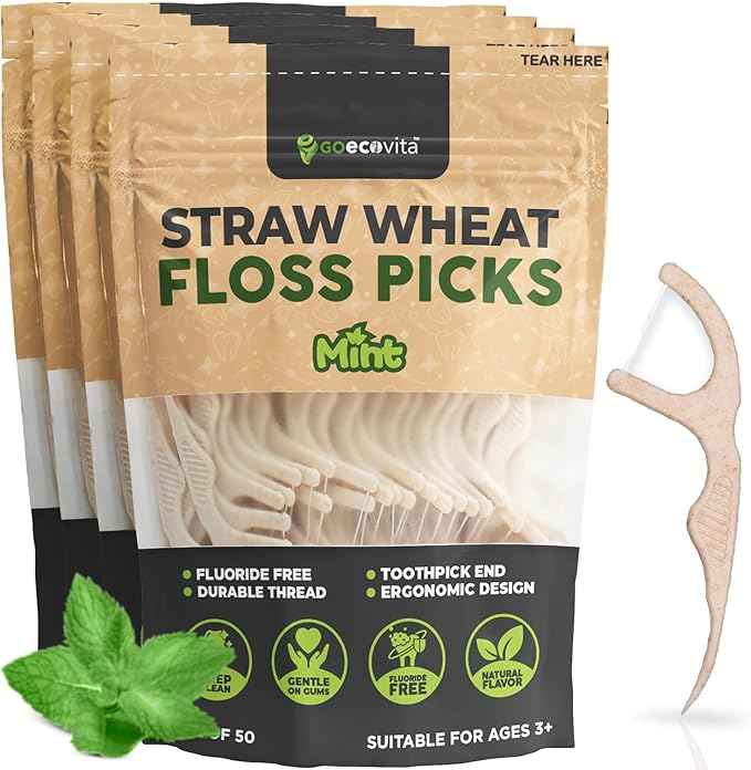 Dental Floss Picks - Straw Wheat Handle Flossers | Thin & Shred-Resistant Thread for Tight Gaps | Flossers for Adults | Gentle on Gums & Teeth (200 Pack, Mint)