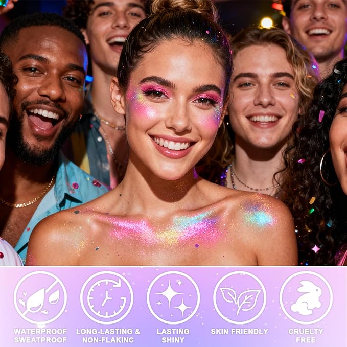 Roll-on Holographic Glitter Gel for Face & Hair, Sparkling Pink Shimmer Makeup, Color Changing Body Glitter for Festivals, Parties, Chunky Mermaid Sequins Body Shimmer for Women(Iridescent Dream)