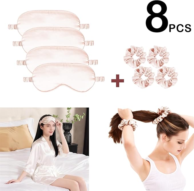 Satin Eye Mask 8Pcs Silk Sleep Masks Silky Blindfold Eyeshade Blackout Eyes Cover Scrunchies Hair Ties Travel Wedding Gifts