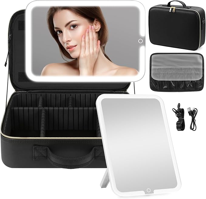 JJhxr 15''X11'' Makeup Bag with Removeable Lighted Mirror, Travel Makeup Case with 3 Color Lights Dimmable Brightness, Large Capacity Cosmetic Organizer Case with Detachable Dividers & Shoulder Strap