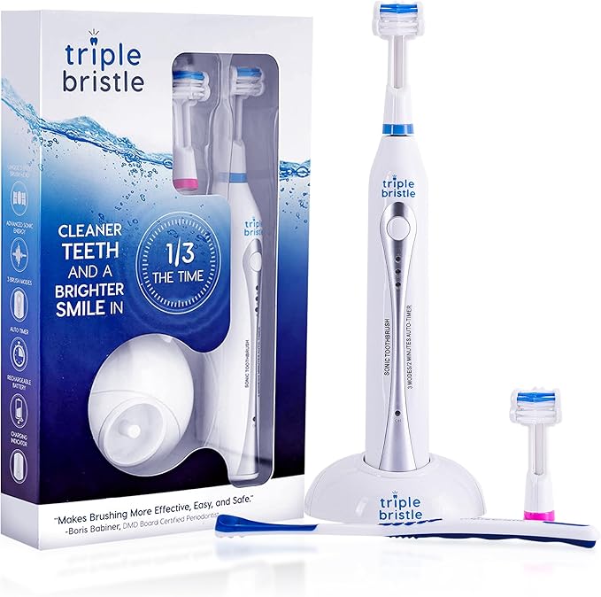 Triple Bristle Original Sonic Toothbrush | Rechargeable 31,000 VPM Tooth Brush | Patented 3 Head Design | Angled Bristles Clean Each Tooth | Dentist Created & Approved Original