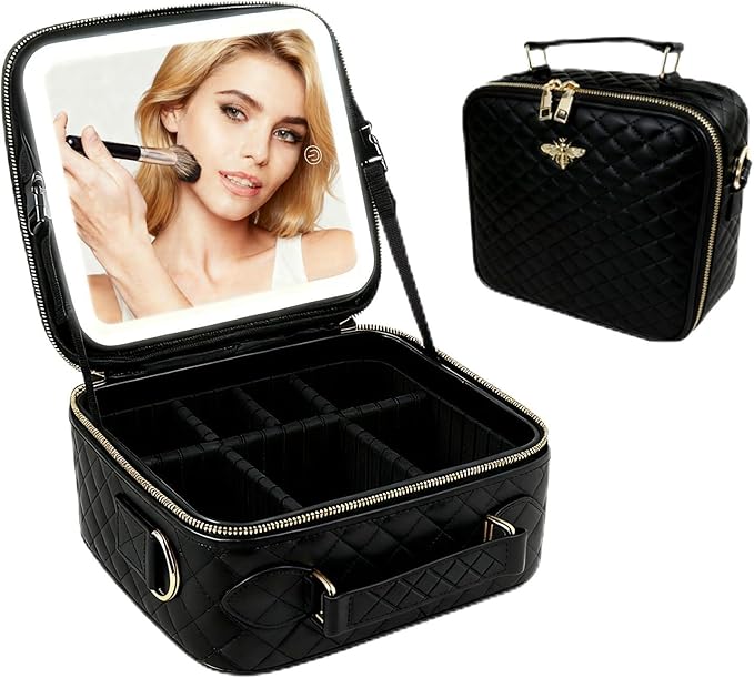 GIUWESOY Travel Makeup Bag with Light Up Mirror, Portable Makeup Bag with Led Light Women Waterproof Makeup Travel Case adjustable dividers Rechargeable Vanity Mirror with 3 Color Lights