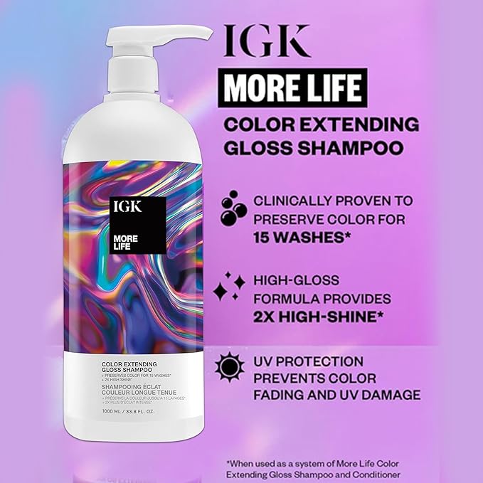 IGK MORE LIFE Color Extending Gloss Shampoo & Conditioner Set | Preserves Color + Enhances Shine | UV Protection | Vegan + Cruelty-Free | 33.8 oz (Pack of 2)