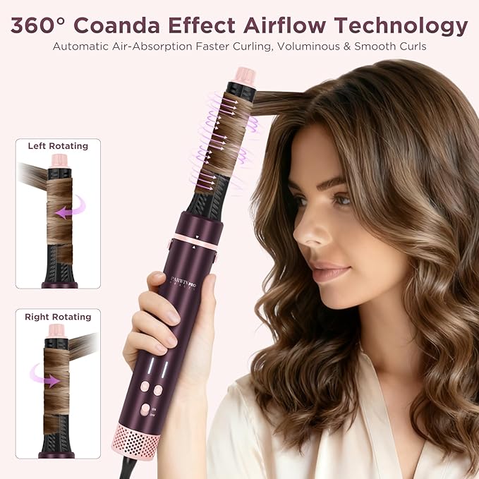7-in-1 Hot Air Styler, PARWIN PRO BEAUTY Travel Dual Voltage MaxAIR 2.0 Multi-Styler Set, 110,000RPM High Speed Hair Dryer Brush with Air Hair Straightener, 1.1 Inch Auto-Wrap Curlers, Jasper Plum