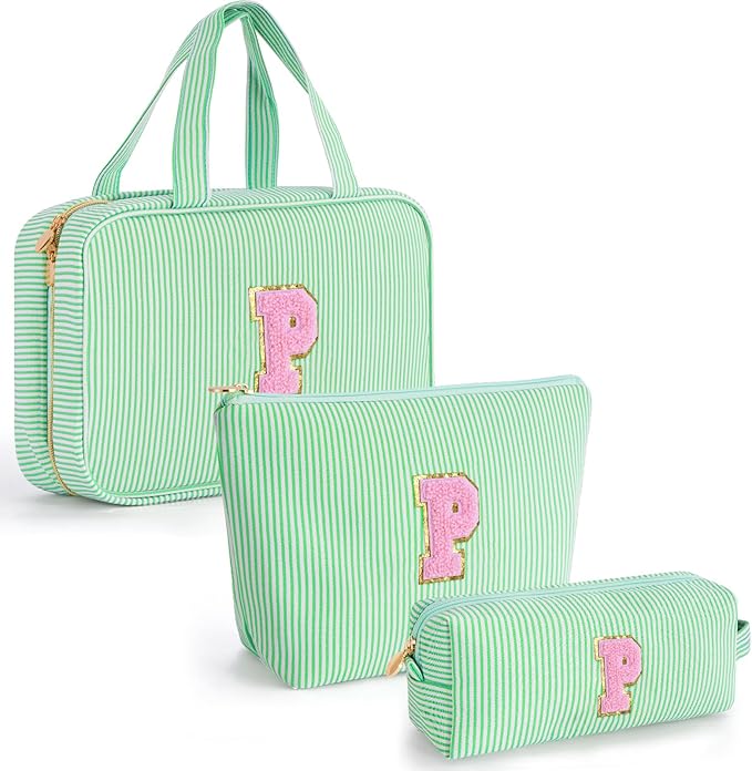 Fystdtote Monogram Cute Initial Toiletry Makeup Bag - Personalized Cosmetic Toiletry Pouch Make Up Case for Women,Her Friend,Sister,Teacher,Birthday Gifts - Green P