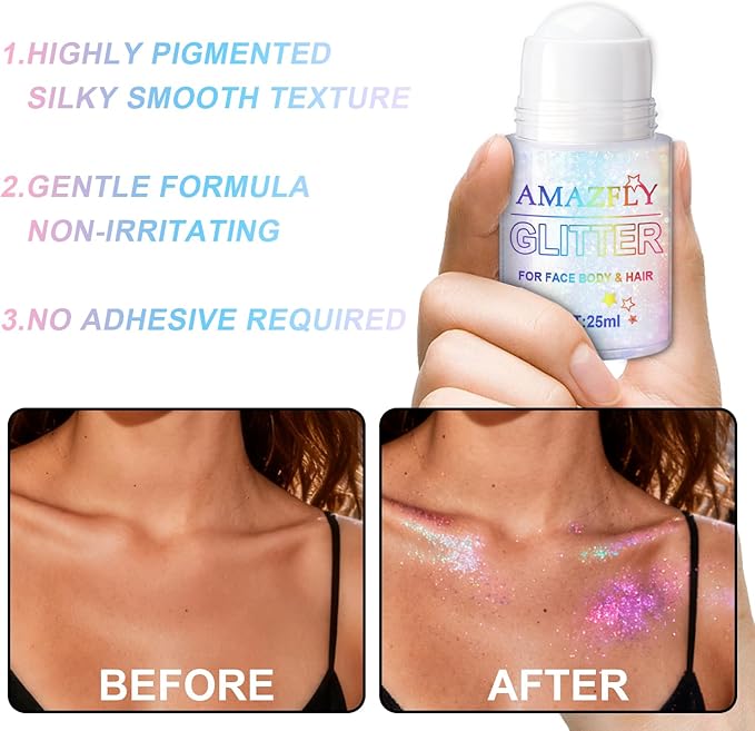 1PC Roll-on Holographic Body Glitter Gel for Body, Hair, Face, Chameleon Color Changing Glitter Gel Under Light, Chunky Mermaid Sequins Festival Party Rave Accessories Shimmer Makeup (Sparkling Pink)