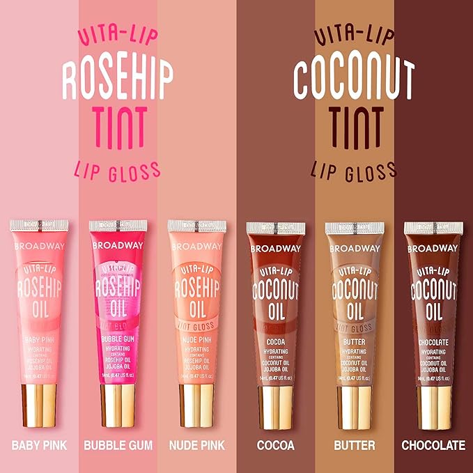 Ruby Kisses Broadway Vita-Lip Tinted & Clear Lip Gloss Set (11 Pack) Ultra-Hydrating & Soothing Formula with Vitamins, High-Shine Non-Sticky Lip Balm with Rosehip+Coconut Oil, Pink & Brown Shades