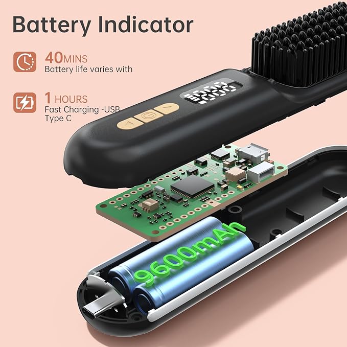 Cordless Hair Straightener Brush, Go Brush Pro, Portable Crystal Diamond Bling Mini Straightening Brush for Travel, Negative Ion Hot Comb with 9 Temps, Anti-Scald Ceramic, Fast Charging for Women