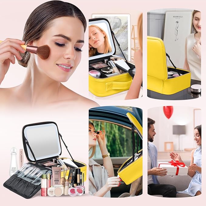 Gdsshuhung Makeup Bag with Mirror | Partitionable Professional Makeup Organizer | Large Travel Makeup Bag for Women | Cosmetic Case for Daily & On-the-Go Use (Light Yellow)