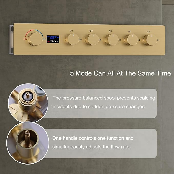 KATAIS Brushed Gold 16X24 inch Ceiling Mounted Shower Head Set(Rain&Waterfall&Mist 3 Modes), Digital Display Shower System with 6 PCS Body Jet and Handheld Spray