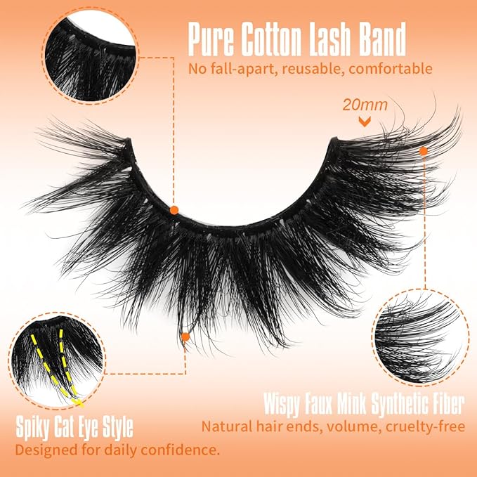 Mink Lashes Volume False Eyelashes 20mm Long Fake Lashes Thick Cat Eye Lash Strips Faux Mink Eyelashes Wispy Eyelash Pack by Kiromiro, 7 Pairs