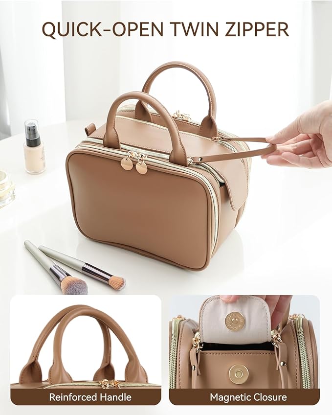 Prite Travel Makeup Bag Women’s Large Capacity Waterproof Cosmetic Organizer Portable Open Flat Toiletry Case with Free-standing Brush Holder and Handle(Brown Medium)