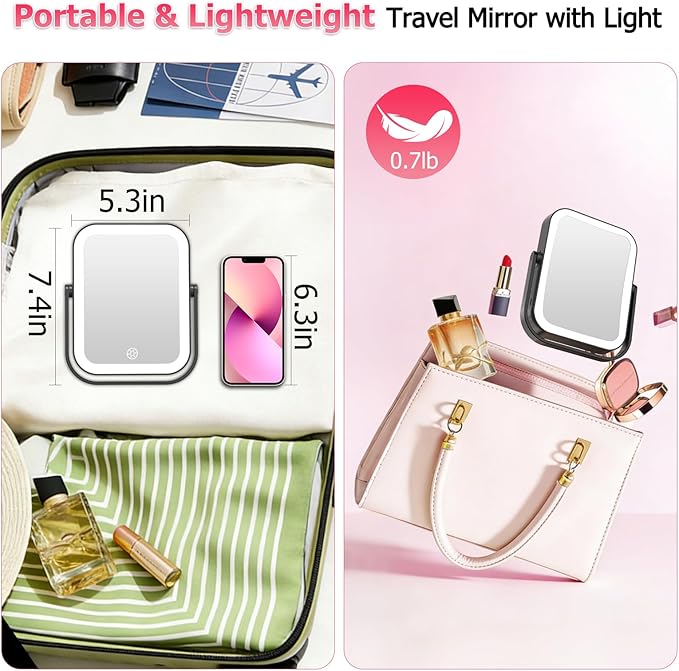 FUNTOUCH 30X/1X Travel Makeup Mirror with Lights, 3000mAh Rechargeable 2-Sided Magnifying Mirror, Portable Vanity Mirror, 3-Color Lighting Dimmable Touch Screen, for Women Gift, Black