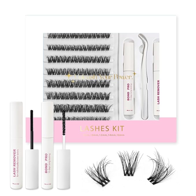 Lash Extension Kit DIY Lash Clusters 10-16mm 112pcs Individual Lashes Clusters Soft Thin Band Natural Volume Eyelash Extension with Lash Bond and Remover, Lash Tweezers for Self Use 34#