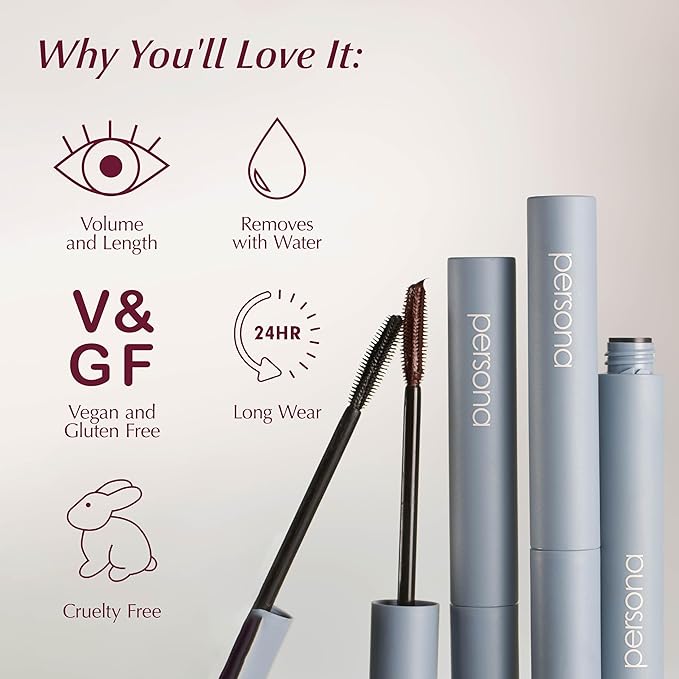 PERSONA Volumizing Brown Tubing Mascara | Lift, Lengthen & Define | Buildable Volume Without Clumps | Long-Wear, Water-Removable | Vegan, Cruelty-Free & Gluten-Free (0.33 fl oz) | Made in Italy