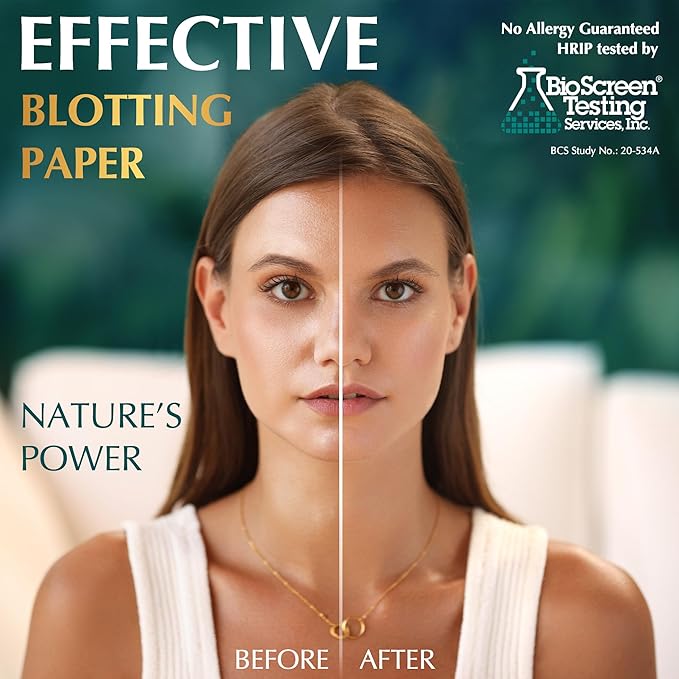 Natural Green Tea Oil Blotting Sheets - 25% Larger (4.7x3") - 600 Makeup Friendly Papers for Face - Easy Dispensing Oil Absorbing Sheets