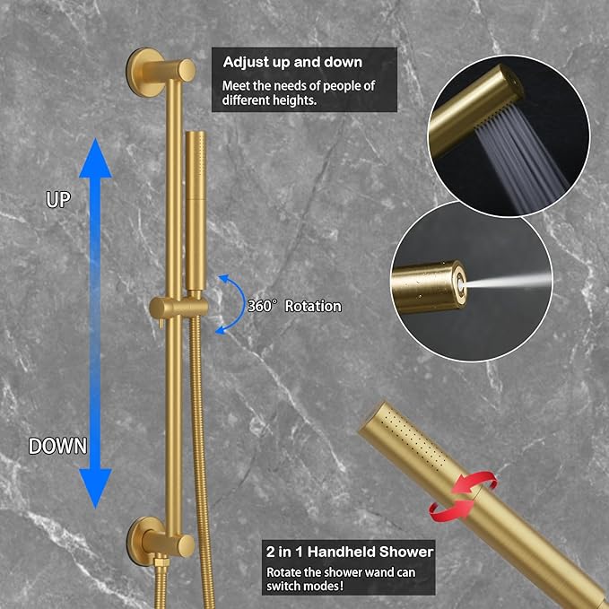 HONGTONGSOWER 12Inch Brushed Gold Ceiling Shower System & 8Inch Wall-Mount Shower Faucet Set, 2 in 1 Handheld with Adjustable Slide Bar Included Temperature Display Valve and Trim Kit Can Work At Once