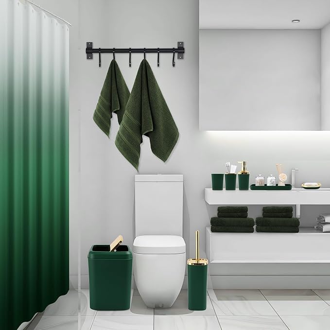 XLHOMO Dark Green Bathroom Accessories, 24 Pieces Green and Gold Bathroom Accessories Set with Shower Curtain, Bath Towels, Trash Can, Soap Dispenser and Soap Dish for Bathroom/Housewarming