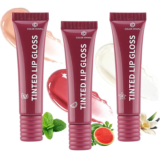 Color Nymph Tinted Lip Gloss Trio, Nourishing Lip Balm Set with Shea Butter & VE, Non-Sticky Intense Hydrating Lipgloss for Dry Lips, Sheer Tint | Vegan & Cruelty-free, #03 Watermelon, Vanilla & Mint