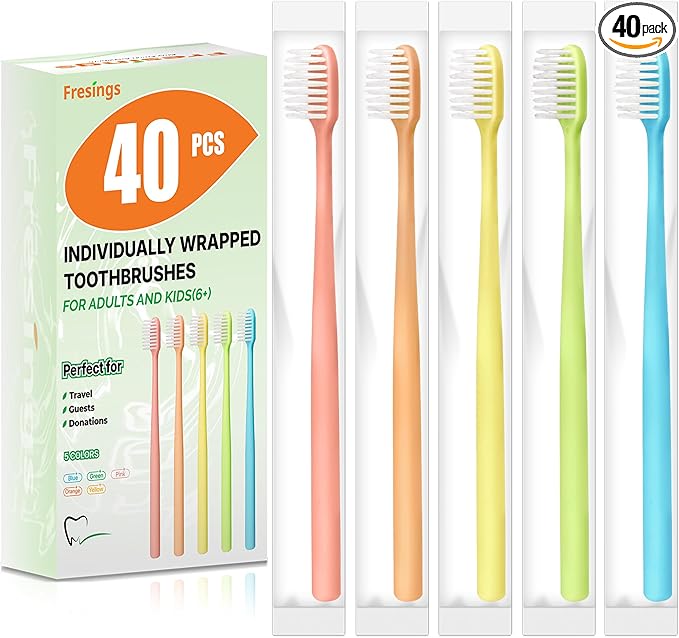 40 Pack Disposable Toothbrushes Bulk – Individually Wrapped Soft Bristles Single Use for Adults & Kids, Travel Hotel Guest Dental Office Donation Emergency Hygiene,Minimalist Design 5 Colors