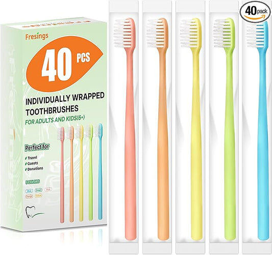 40 Pack Disposable Toothbrushes Bulk – Individually Wrapped Soft Bristles Single Use for Adults & Kids, Travel Hotel Guest Dental Office Donation Emergency Hygiene,Minimalist Design 5 Colors