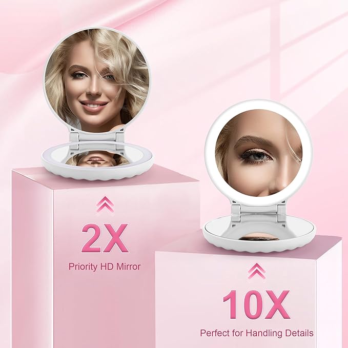 Compact Makeup Mirror with Lights Travel Mirror with Light Small Compact Mirror 2x/10x Magnification & LED Lighted,Rechargeable Compact Mirror Portable Adjustable Pocket, White