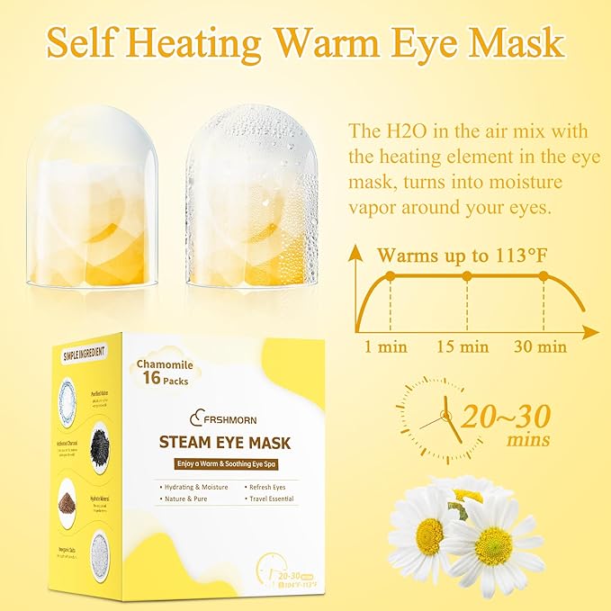 FRSHMORN 16 Packs Steam Eye Mask, Heated Eye Mask for Sleeping, Warm Compress for Eyes, Self Heating Disposal Steam Mask for Home Sleep, Office, Spa, Travel Essentials Stocking Stuffers (Chamomile)