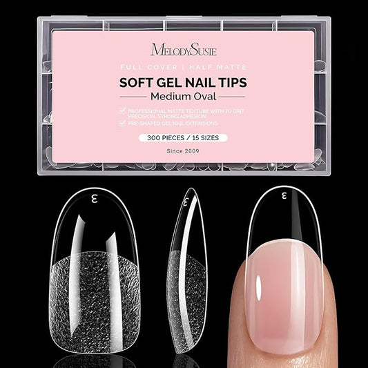 MelodySusie Medium Oval Round X Nail Tips - 300Pcs 15 Sizes Clear Acrylic,Half Matte Full Cover Press on Nails for DIY Extension & Salon Use, Pre-Shaped for Long-Lasting Manicure