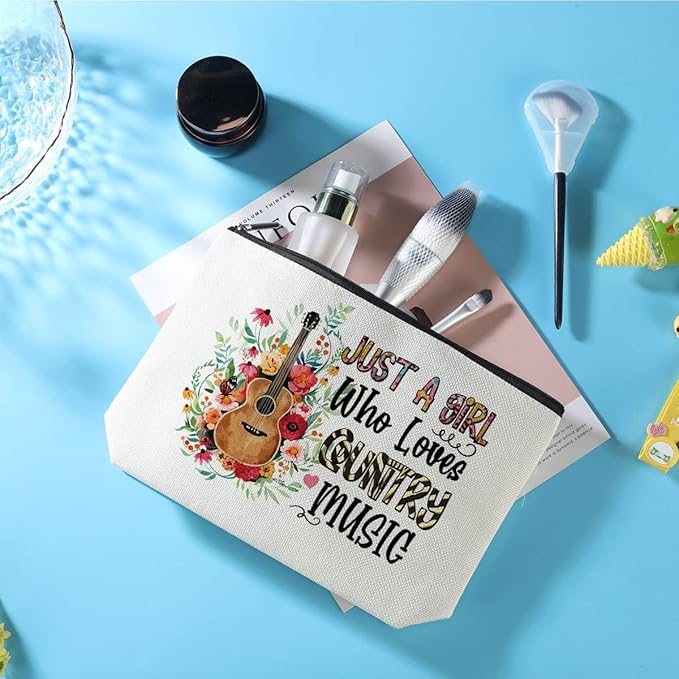 Country Music Lover Gift Guitar Gifts Musical Makeup Bag Singer Travel Pouch Friendship Christmas Birthday Graduation Gifts for Women Her Daughter Just A Girl Who Loves Country Music