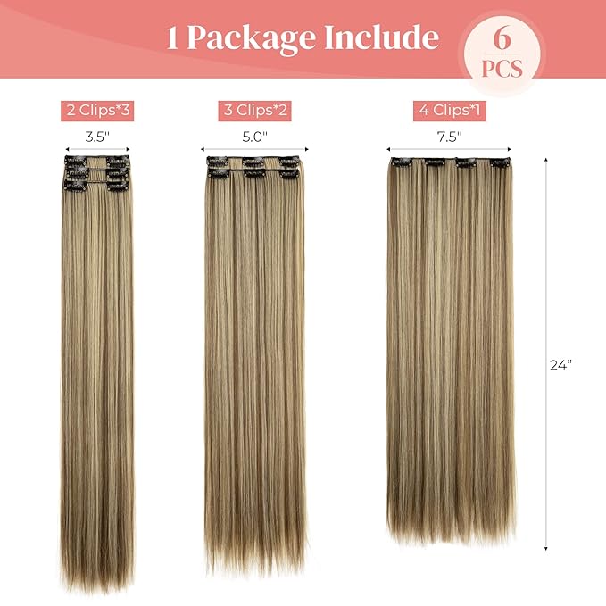 Clip in hair extensions，LONAI 6PCS Straight 24" Hair Extensions for Women，Heat Resistant Synthetic Hairpiece-Cool Brown with Blonde Highlights