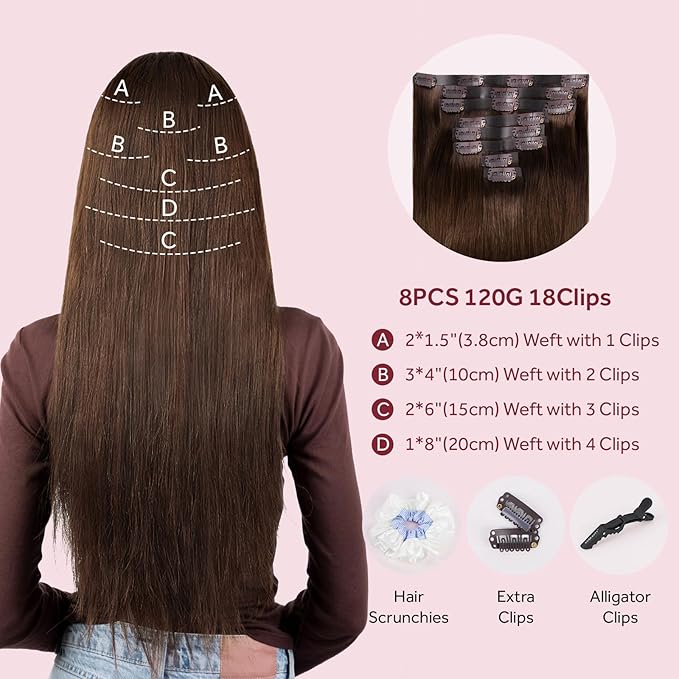 Clip in Hair Extensions Real Human Hair Chocolate Brown Seamless Clip In 100% Straight Remy Hair Extensions PU Skin Weft Add Volume for Women #4A 22Inch 120G 8PCS
