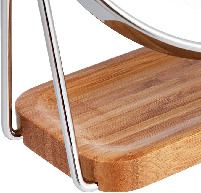 Amazon Basics Vanity Round Tabletop Mount Mirror with Squared Bamboo Tray Magnification, Chrome, 7.2"L x 3.35"W