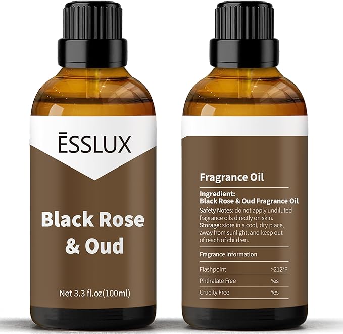 Black Rose & Oud Fragrance Oil, ESSLUX Large Single Scented Oils 100 ml (3.3 oz), Aromatherapy Essential Oils for Home for Diffuser, Massage, Soap, Candle Making Scents