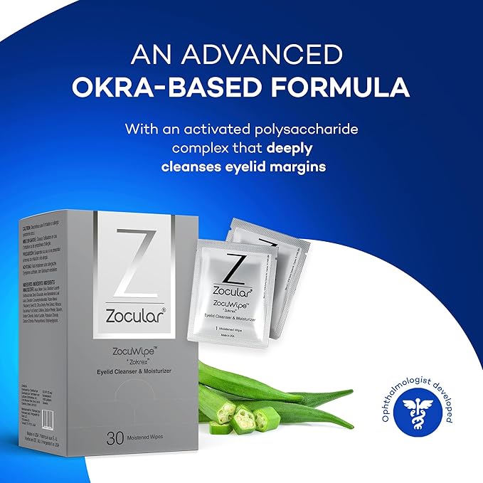 Zocular Zocuwipe Eyelid Wipes with Natural Okra Complex – Gentle Eyelid Cleansing & Moisturizing Pads – 40 Count