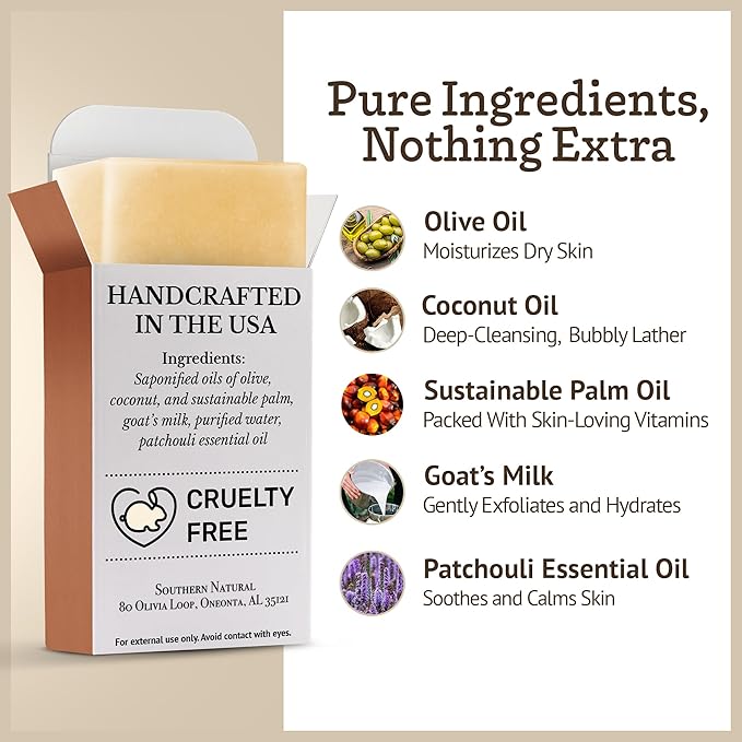 Southern Natural Goat Milk Soap Bar (Patchouli 3 Pack) For Dry Sensitive Skin. Natural, Handmade Soap For Men, Women, Kids & Baby. Use On Face & Body