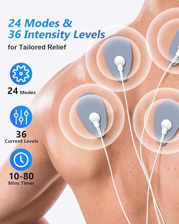 TENS Unit Muscle Stimulator for Pain Relief Therapy, Dual Channel TENS & EMS Machine with 24 Modes, 36 Intensity Levels, Large Screen Design, 10 Reusable Pads – Light Grey (Button Layout A)