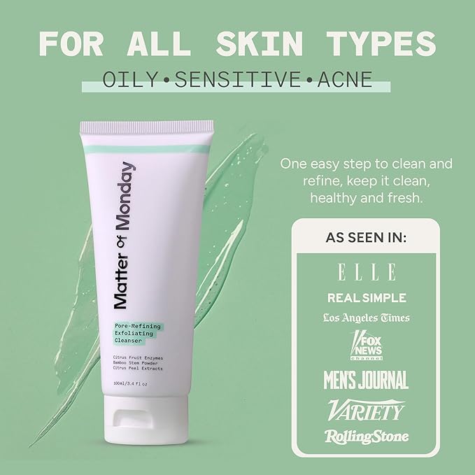 Matter of Monday Pore Minimizing Face Wash - Exfoliating Cleanser with Fruit Enzymes & Bamboo - Daily Facial Cleanser for Oily Acne Prone Skin - Deep Pore Cleanser