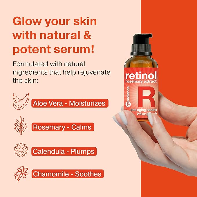 2X BIGGER 2OZ, Go Radiance 1% Retinol Serum for Face, Dark Spot Remover for Face, Anti Aging Serum, Pure Retinol for Face, Retinol Cream for face w/Aloe Vera, Rosemary, Calendula Extract, Made in USA