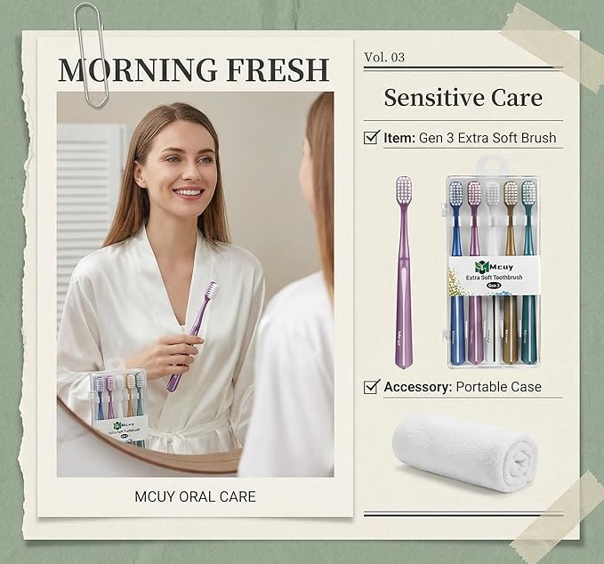 Ultra Soft Toothbrush for Adults Sensitive Teeth & Gums | Gentle Plaque Removal | Non-Slip Ergo Grip Toothbrushes with Travel Case, 5 Count